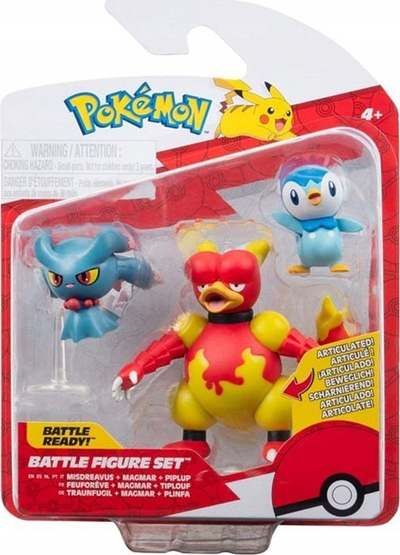 Set figurash Pokémon Jazwares Battle Figure 3 Pack, Piplup Misdreavus Magmar, 5 cm dhe 7.5 cm, shumëngjyrëshe