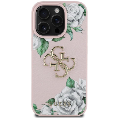 Футрола за телефон Guess Grained Roses Big 4G Logo за iPhone 16 Pro Max, со логотип 4G, розова