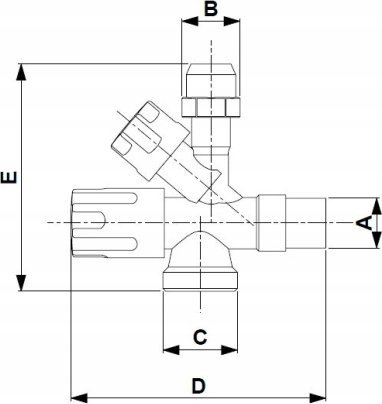 Valvul këndore e kombinuar KFA 273-010-00, 1/2" x 3/8" x 3/4", bronz kromuar, me dorezë trekëndore