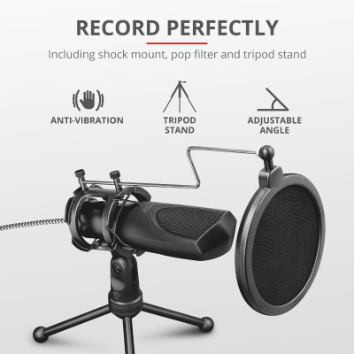Mikrofon Trust GXT 232 Mantis, USB, me tripod dhe pop filter, i zi