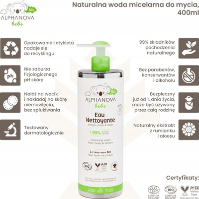 Ujë pastrimi për bebe Alphanova Baby, 400 ml, për lëkurë të ndjeshme