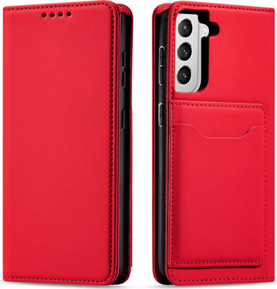 Këllëf-portofol Hurtel Magnet Card Case për Samsung Galaxy S22 Plus, me xhepa për karta, bëhet si qëndrim, i kuq