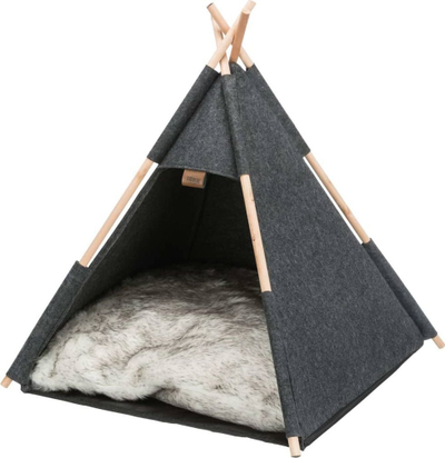 Tendë tipi për mace Trixie Tipi, me jastëk me lesh, me skelet druri, gri e errët