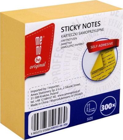 Fletëngjitëse MemoBe Notes, 75×75mm, 300 fletë, të verdha