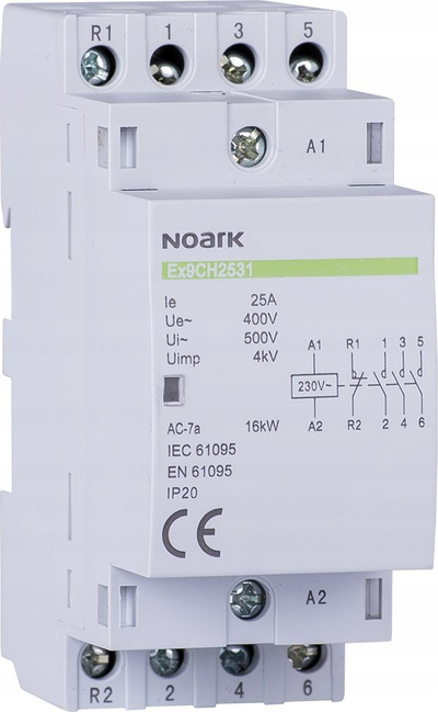 Kontaktor modular Noark Ex9CH25, 25A, 230V AC, i bardhë