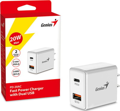 Адаптер полнач Genius PD-20AC, 20W, 2 порти USB-C USB-A, бел
