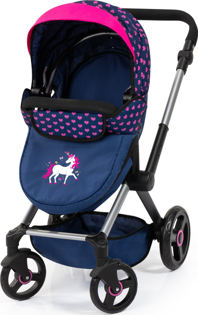 Karrucë për kukulla Bayer XEO 17054AA, për kukulla deri 46cm, 2 në 1, blu e errët rozë