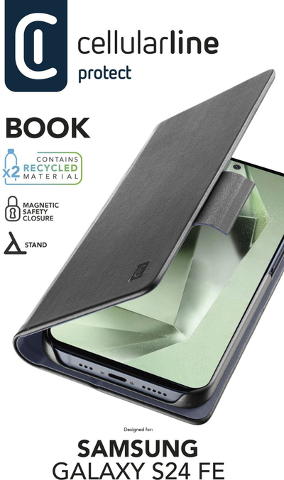 Këllëf libri Cellularline për Samsung Galaxy S24 FE, magnetik, me xhepa kartash, i zi