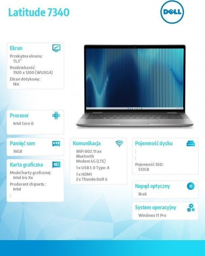 Laptop Dell Latitude 7340, 13.3", Intel Core i5-1345U, 16GB RAM, 512GB SSD