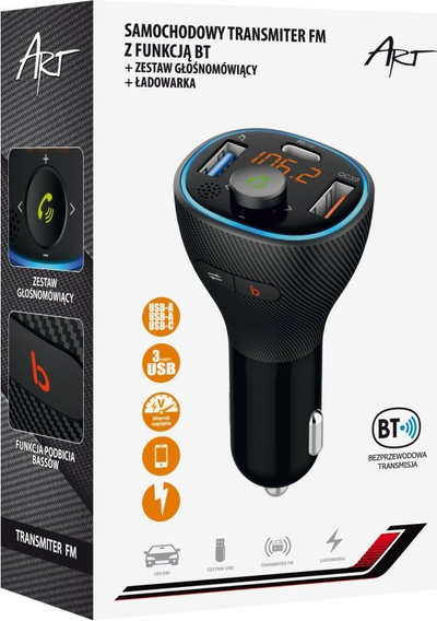 Transmetues FM për makinë Art FM, Bluetooth 5.0, karikues USB QC3.0 PD 20W, i zi