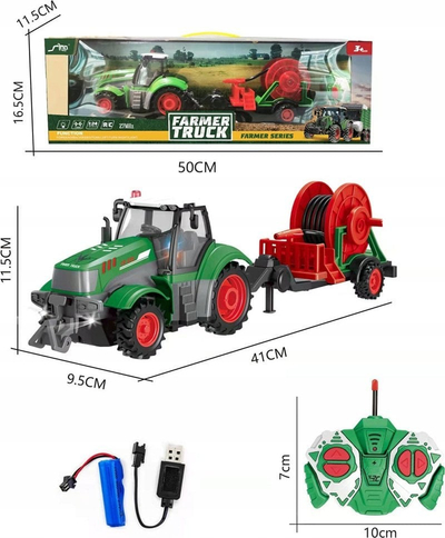 Lodër traktor me telekomandë Askato Tractor With Irrigation Hose, funksion ujitjeje, karikim USB, jeshile