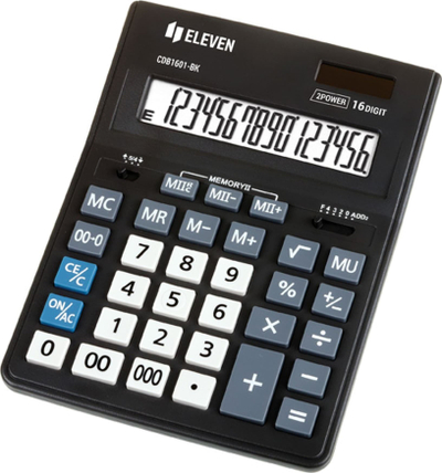 Калкулатор за канцеларија Eleven CDB1601-BK, екран 16 цифри, соларна енергија и батерија, црн