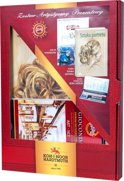 Set vizatimi portreti KOH-I-NOOR Gioconda, libër arti A4, kuti metalike, i kuq