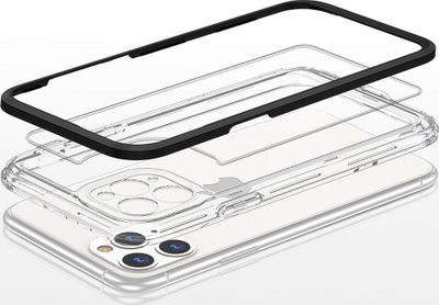 Maskë telefoni Hybrid Armor 3n1 për iPhone 11 Pro Max, xhel e tejdukshme, kornizë e zezë