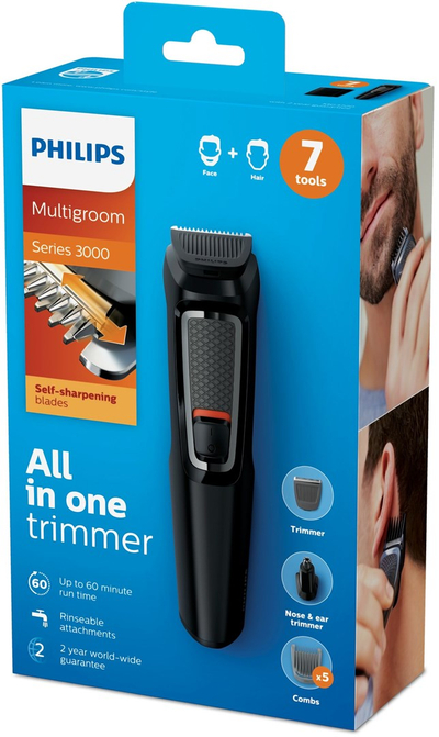 Trimmer flokësh dhe mjekre Philips Series 3000 MG3720/15, 7 në 1, pa kabllo, i zi