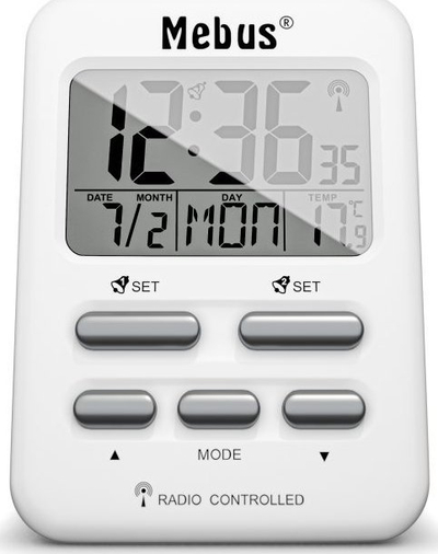 Orë digjitale me alarm Mebus 25800, ekran blu, matje temperature, e bardhë