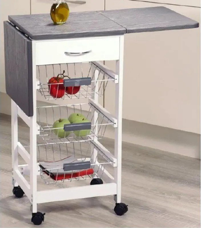 Raft mobil kuzhine Kesper Mobile Kitchen Folding Shelf, me rrota, me 3 shporta dhe sipërfaqe palosëse, gri