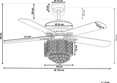Ventilator tavani HUAI Crystal, me dritë, me telekomandë, argjendtë