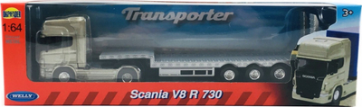 Kamion lodër Welly Scania V8 R730, metal die-cast, shkallë 1:64, ngjyrë ari