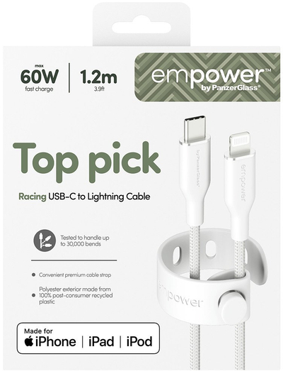Kabllo USB C në Lightning PanzerGlass Empower Racing, 60W, 1.2m, USB 2.0, e bardhë argjendtë
