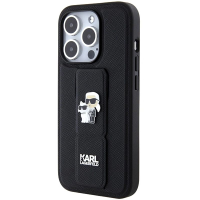 Mbrojtëse telefoni Karl Lagerfeld Gripstand Saffiano Karl &amp; Choupette, për iPhone 14 Pro 6.1", me rrip mbajtës, e zezë
