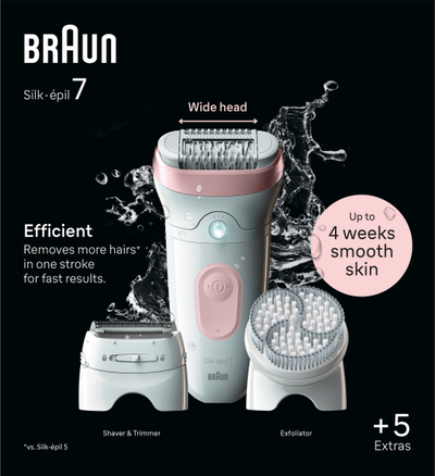 Eпилатор Braun Silk Epil 7 7-060, без кабел, за влажна и сува кожа, бел