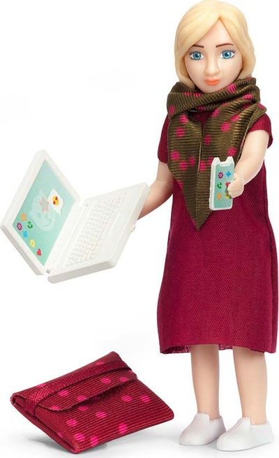 Set kukull Lundby Woman and Computer, kukull gruaje, me laptop dhe aksesorë, e kuqe