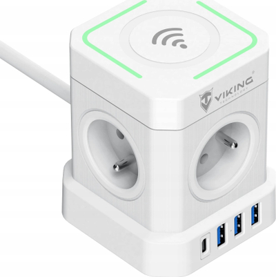 Adaptor furnizimi Viking ACT44W, 4x 230V, USB dhe USB C, karikim pa tela, i bardhë