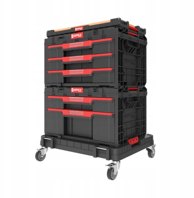 Set organizues veglash Qbrick System One Workshop Drawers, 4 kuti, me rrota, i zi e kuqe