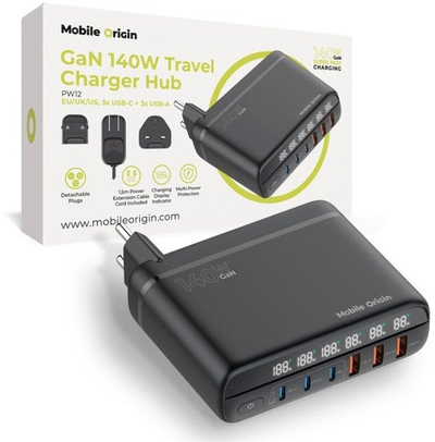 Karikues udhëtimi Mobile Origin PW12, GaN 140W, 3x USB C 3x USB A, gri