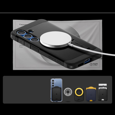Mbrojtëse telefoni Spigen Tough Armor AI MagFit për Galaxy S25, me këmbëz për mbajtje, e zezë