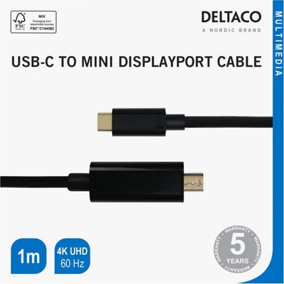 Kabllo video Deltaco USB C në Mini DisplayPort, 1m, 4K 60Hz, i zi