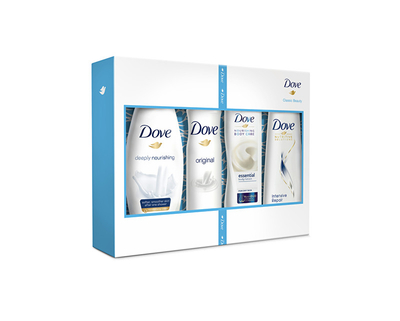 Set për dush Dove Deeply Nourishing, xhel dushi 250 ml + qumësht për trup 250 ml + deodorant aniperspirant 150 ml + shampo për flokë 250 ml