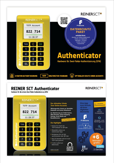 Pajisje sigurie REINER SCT Authenticator, 2FA TOTP, paketë F‑Secure Total 1 vit 3 pajisje, e verdhë