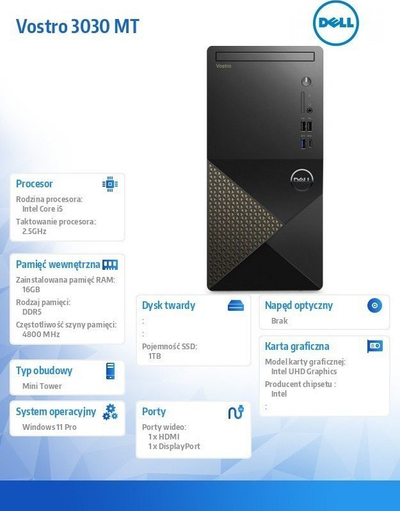 Kompjuter Dell Vostro 3030 desktop, Intel Core i5 14400, 16GB RAM, 1TB SSD, i zi