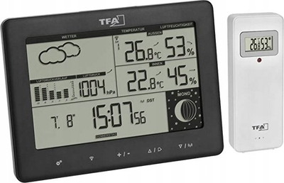 Stacion moti me radio TFA Dostmann ELEMENTS 35.1158.01, matje temperaturë dhe lagështie, ekran i ndriçuar, i zi