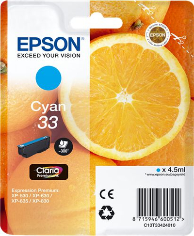 Fishekë boje Epson Cyan 33 (C13T33424010), e kaltër