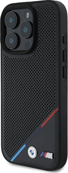 Kapak telefoni BMW M Perforated Tricolor Line MagSafe, për Apple iPhone 16 Pro, i zi