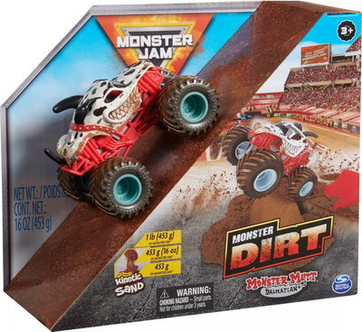 Set lodër Monster Jam Monster Mutt Dalmatian Monster Dirt, kamion 1:64, 453 g rërë kinetike, shumëngjyrëshe