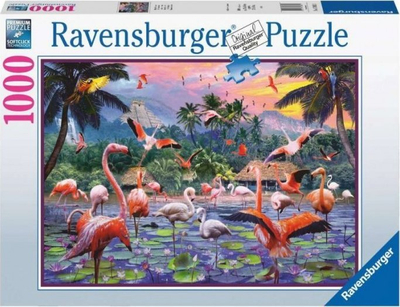 Puzzle Ravensburger Pink Flamingos, 1000 copa, peizazh tropikal, shumëngjyrësh