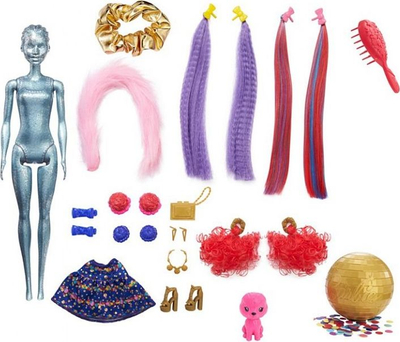 Kukull Barbie Color Reveal Glitter Hair Swaps, 25 surpriza, 10 copa flokësh, blu me shkëlqim