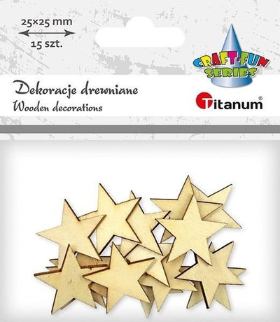 Set dekorativ Titanum Wooden Stars, 15 copë, yje druri 25mm, ngjyrë natyrale