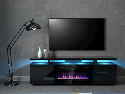 Komodë TV Cama Meble Eva me oxhak elektrik, 180x40x52 cm, MDF me shkëlqim, e zezë