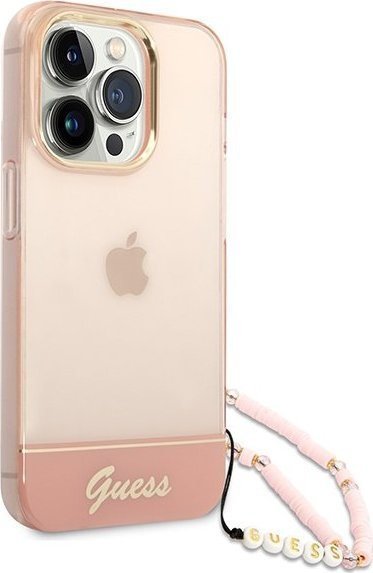 Mbështjellës telefoni Guess GUHCP14XHGCOHP për iPhone 14 Pro Max, hardcase TPU, me varëse perlë, rozë gjysmë transparente