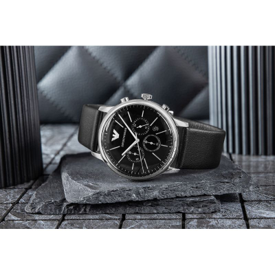 Рачен часовник Emporio Armani AR11774, хронограф 42 mm, кожен ремен, црн
