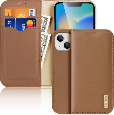 Këllëf me kapak Dux Ducis Hivo për iPhone 14 Plus, lëkurë e vërtetë, me xhepa për karta, kafe