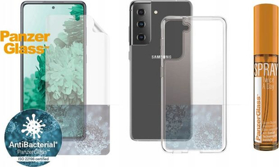 Set PanzerGlass - Fletë mbrojtëse TPU me cilësi të lartë, Kuti ClearCase, Sprej antibakterial 30 ml, për Samsung Galaxy S21