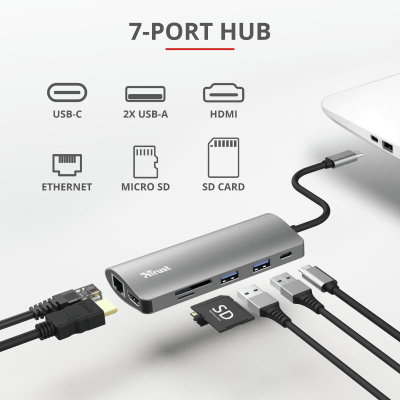 Docking station USB C Trust Dalyx 7 in 1, 4K, 100W, gri