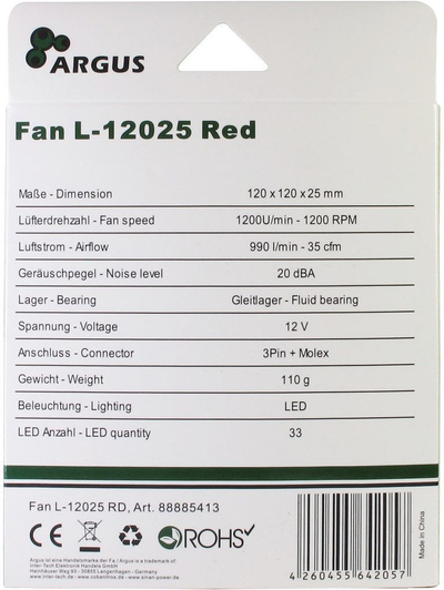Ладилник Argus L-12025, 120 мм, црвен