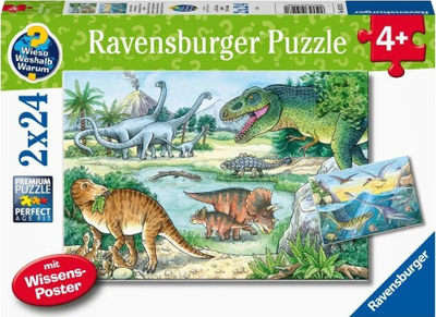 Puzzle për fëmijë Ravensburger 05128 Dinosaur and Her Habitats, 2 x 24 pjesë, plav e gjelbër smerald